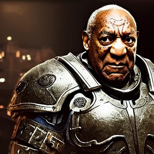 Prompt: Bill Cosby as 'Crusader-Patriot-Knight'!! in Gears of War, splash art, movie still, detailed face, photorealistic facial features, cinematic lighting, dramatic, octane render, long lens, shallow depth of field, bokeh, anamorphic lens flare, 8k, hyper detailed, 35mm film grain