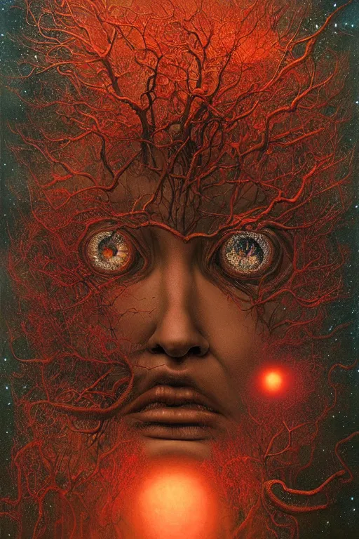 Prompt: the night sky is black and full of stars, huge red eyes are floating in the sky, their irises are red, ethereal tentacles, by Esao Andrews and Karol Bak and Zdzislaw Beksinski