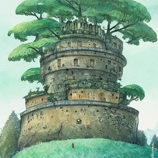 Prompt: laputa castle in the sky hayao miyazaki stands in a small clearing among trees, watercolor illustration for a book