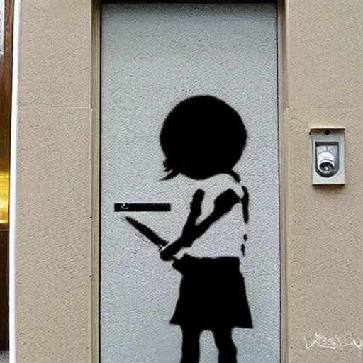 Image similar to creative restroom door signs in the style of banksy, slightly grainy