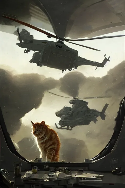 Image similar to a mech sodier with a head of a british longhair cat in the helicopter cabin ready to deploy, epic scene, by greg rutkowski