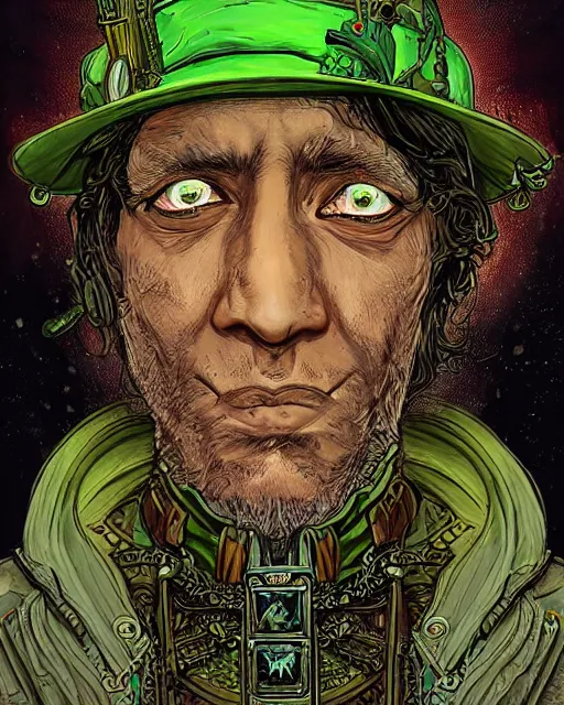 Image similar to a detailed portrait illustration of a steampunk wizard. stern indian male face, dark skin, piercing green eyes. art nouveau, pop art, comic book style. influenced by neil gaiman, h. p. lovecraft, dan mumford, brian froud, vadim voitekhovitch, killian eng, ross tran, cedric peyravernay.