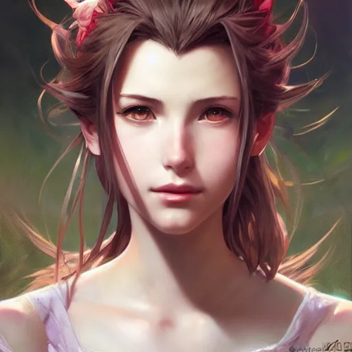 Image similar to A full portrait of an Aerith from Final Fantasy, wide shot, ultrawide, elegant, highly detailed, digital painting, artstation, concept art, smooth, sharp focus, illustration, art by Krenz Cushart and Artem Demura and alphonse mucha