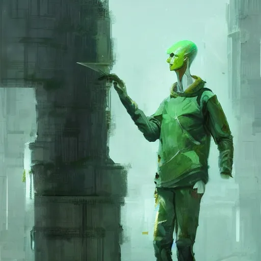 Prompt: concept art by greg rutkowski, a very tall and slender young man, dressed in green patient clothes and an open sweatshirt, wandering through a desolate futuristic hospital, dimly lit, frightening, scifi, highly detailed portrait, digital painting, artstation, concept art, smooth, sharp foccus ilustration, artstation hq