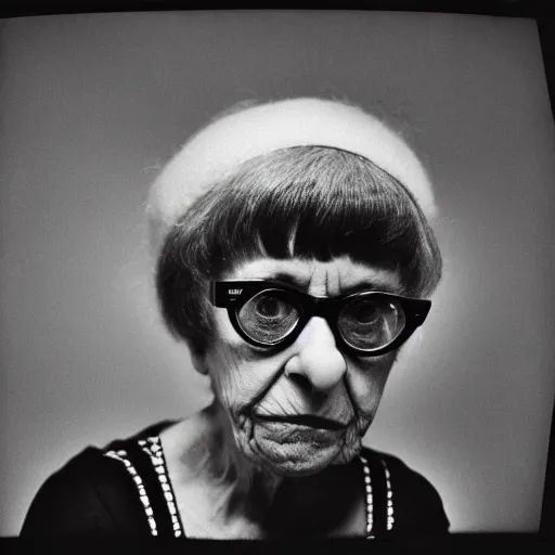 Prompt: photo of Diane Arbus by Diane Arbus, black and white, high contrast, Rolleiflex, 55mm f/4 lens