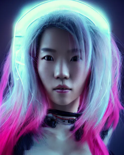 Image similar to portrait of a beautiful japanese woman with pink hair as a cyberpunk cyborg half robot, revealing wires and electronics, hooked - up, sci - fi, missing panels, intricate abstract upper body intricate artwork, concept art, octane render, deviantart, cinematic, key art, hyperrealism, iridescent accents, portrait photograph, nikon 3 5 mm, photograph by greg rutkowski