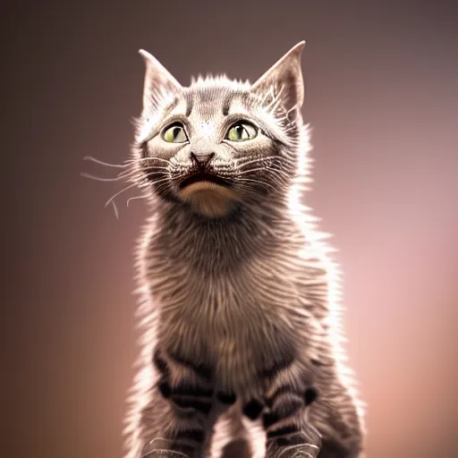 Image similar to full body pose, hyperrealistic photograph of a monster kitten, dim volumetric lighting, 8 k, octane beautifully detailed render, extremely hyper detailed, intricate, epic composition, cinematic lighting, masterpiece, trending on artstation, very very detailed, stunning, hdr, smooth, sharp focus, high resolution, award, winning photo, dslr, 5 0 mm