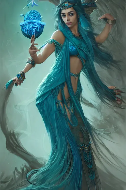 Image similar to beautiful sorceress female with teal colored skin, full body shot, long hair made of kelp, egyptian clothing, carrying a crystal stuff, d & d, fantasy, intricate, elegant, highly detailed, digital painting, artstation, concept art, matte, sharp focus, illustration, hearthstone, art by artgerm and greg rutkowski and alphonse mucha