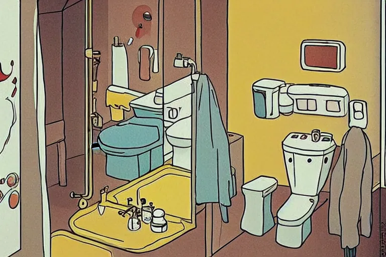 Image similar to modern bathroom, style of studio ghibli + moebius + basquiat, cute,