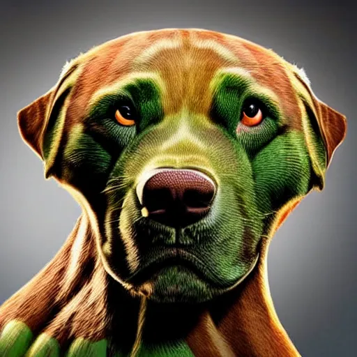 Prompt: hulk dog, cute, highly intricate, ultra realistic, golden hour