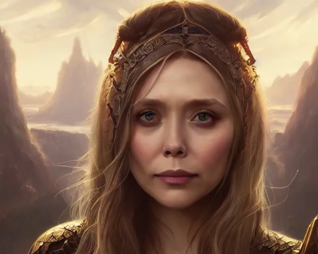 Image similar to a gaming screenshot still portrait of elizabeth olsen in final fantasy, deep focus, d & d, fantasy, intricate, elegant, highly detailed, digital painting, artstation, concept art, matte, sharp focus, illustration, dark fantasy style art, hearthstone, art by artgerm and greg rutkowski and alphonse mucha