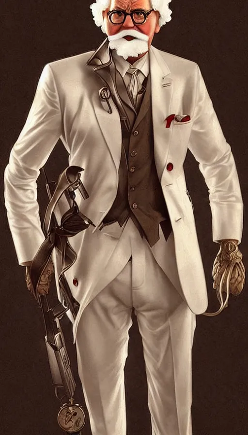 Prompt: a full body portrait of colonel sanders the greek god!! extremely beautiful, anatomically accurate, by artgerm and by greg rutkowski and by alphonse mucha and by simon bisley, radiant light, detailed and intricate environment,