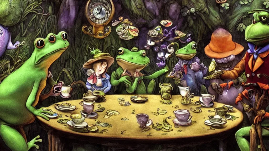 Prompt: A movie screenshot of frogs and toads (by Brian Froud) having tea with Alice in Wonderland, directed by Henry Selick and Tim Burton, claymation, cinematic, balanced composition, whimsical.