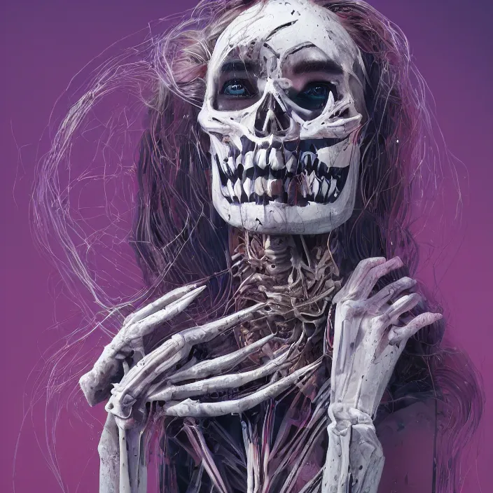 Image similar to portrait of Margot Robbie as a skeleton. intricate abstract. intricate artwork. nightmare fuel. by Tooth Wu, wlop, beeple, dan mumford. octane render, trending on artstation, greg rutkowski very coherent symmetrical artwork. cinematic, hyper realism, high detail, octane render, 8k, iridescent accents