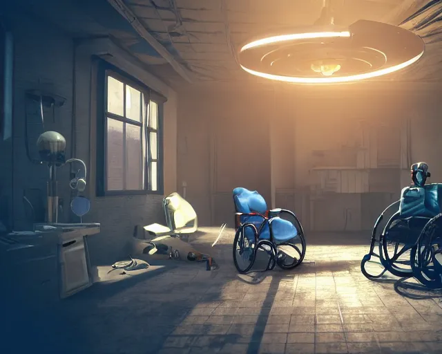 Image similar to artstation scifi scene of a bouquet of light on a business card, in an old ward, one ceiling fan, wheelchair, crutches, beds, dust, paneled walls, unreal engine 5, hyper realism, realistic shading, cinematic composition, blender render, octane render, hdr, detailed textures, photorealistic, wide shot