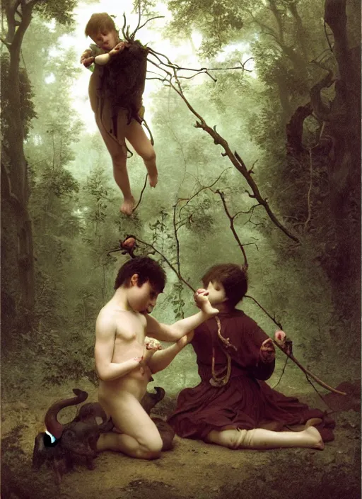 Prompt: pagan boy and girl performing an occult satanic ritual on a goat in a deep thorns bones bloody forest, by william-adolphe bouguereau and Takato Yamamoto, high resolution, rendered in octane 3d