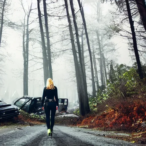 Image similar to beautiful blonde female cop walking through forest of crashed cars, wide shot, full perspective, curvy, mystery, fog, night time, starry skies.