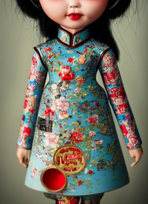 Image similar to closeup portrait of tin toy girl china cheongsam, depth of field, zeiss lens, detailed, symmetrical, centered, fashion photoshoot, by nicoletta ceccoli, mark ryden, lostfish, breathtaking, 8 k resolution, extremely detailed, beautiful, establishing shot, artistic, hyperrealistic, octane render