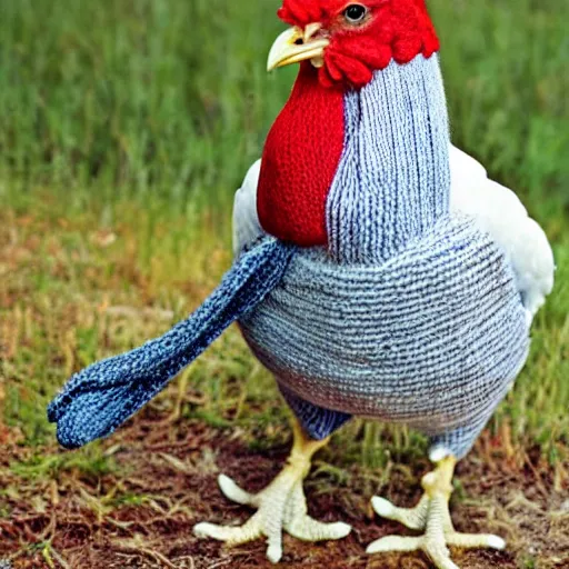 Prompt: A chicken knitting a scarf,