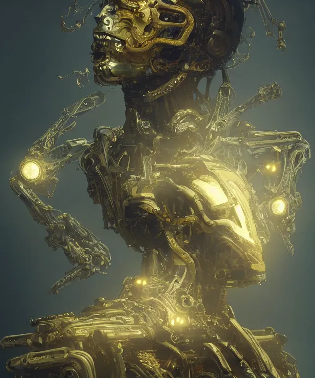 Image similar to a 4k cinematic full view ethereal android wearing intricate mecha gilded cyberpunk bone crown ivory , Unreal Engine 5, God Rays, Lumen, by Peter Mohrbacher, by Ruan Jia, by Greg Rutkowski, by Leonardo Da Vinci, detailed and realistic, poetic and symbolic, rule of thirds, golden ratio, Trending on Artstation