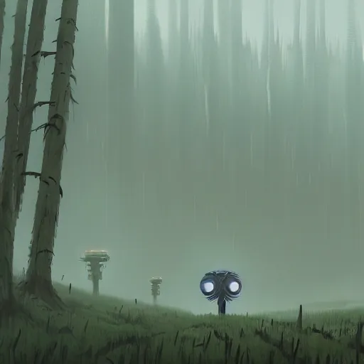 Image similar to simon stalenhag, bionicle, forest, foggy, horror