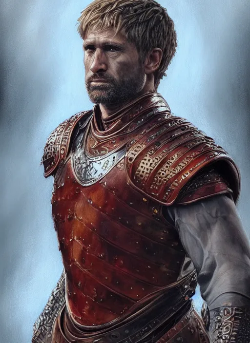 Image similar to highly detailed oil painting, masterpiece portrait warrior male lannister, fantasy character portrait, dynamic pose, above view, top lighting, realistic shaded, perfect face, 8 k realistic, hyper detailed, digital painting, artstation, concept art, hyper detailed eyes, cinematic lighting, dynamic pose, above view