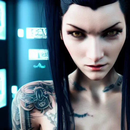 Prompt: a woman with long black hair and a tattoo on her arm, cyberpunk art by du jin, cgsociety, retrofuturism, movie still, playstation 5 screenshot, futuristic