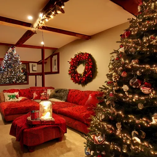 Image similar to interior of a cozy basement with christmas decorations, hd photo