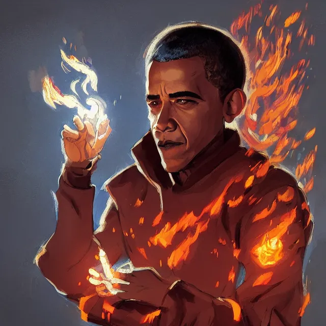 Image similar to Barack Obama as a firebender, portrait, elegant, intricate, digital painting, artstation, concept art, smooth, sharp focus, illustration, art by konstantin korovin and Daniel F. Gerhartz and john howe