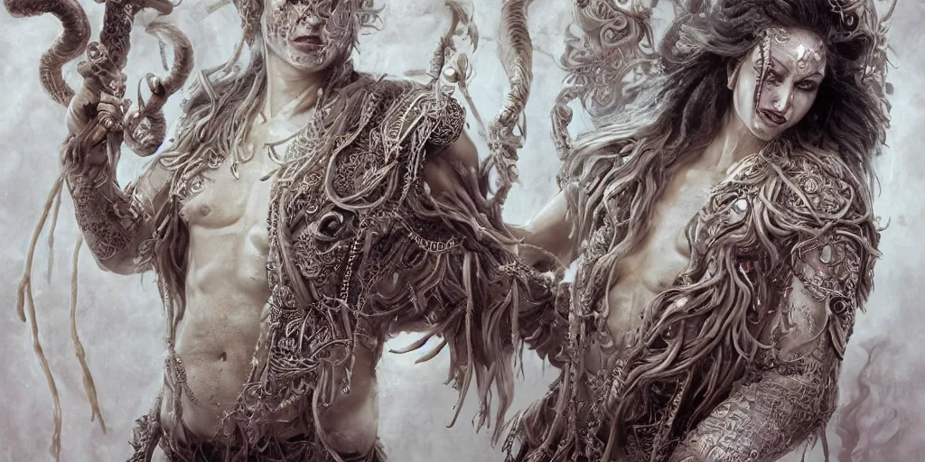 Prompt: full body character design of realistic asian Sumerian Death Goddess ivory skin runic icons + mystical symbols, with small bleached bones covering vest and flowing electricity and smoke , fantasy, intricate, elegant, highly detailed, digital painting, artstation, concept art, sharp focus, photoreal, ghostbusters , peter mordenbacher,Mike Winkelmann, photo real, ultra realistic, intricate, epic lighting, 8k resolution, unreal engine 5, ultraviolet colors