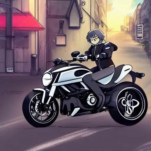 Image similar to anime art vehicle concept art, anime key visual of ducati diavel, at a city street, trending on pixiv fanbox, studio ghibli, extremely high quality artwork