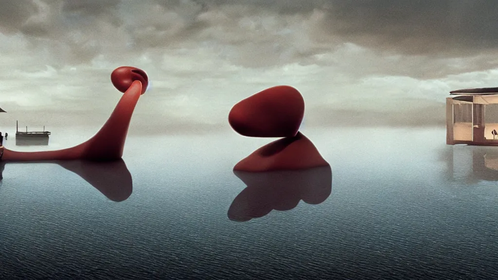 Image similar to the giant floating nose in the restaurant, made of water, film still from the movie directed by Denis Villeneuve with art direction by Salvador Dalí, wide lens