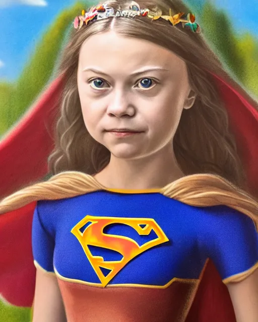 Image similar to closeup face profile portrait of greta thunberg as supergirl as a fairytale princess wearing a crown eating cakes in the castle, bikini, depth of field, zeiss lens, detailed and intricate environment, fashion photoshoot by nicoletta ceccoli, mark ryden, lostfish, breathtaking, 8 k resolution, artistic, hyperrealistic, octane render