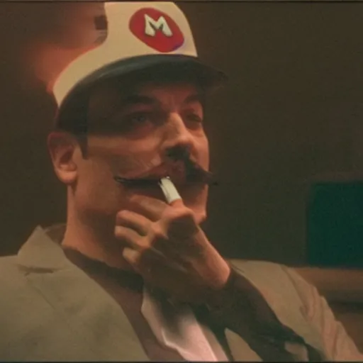 Image similar to Mario smoking a cigarette in a David Lynch film aesthetic!!!