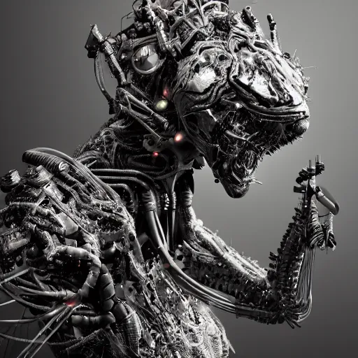 Prompt: A bionic creature in a post-apocalyptic world, close up, highly detailed, with a black background and a focus on the intricate details of the creature, studio lighting, 100mm lens, artstation, by Maciej Kuciara