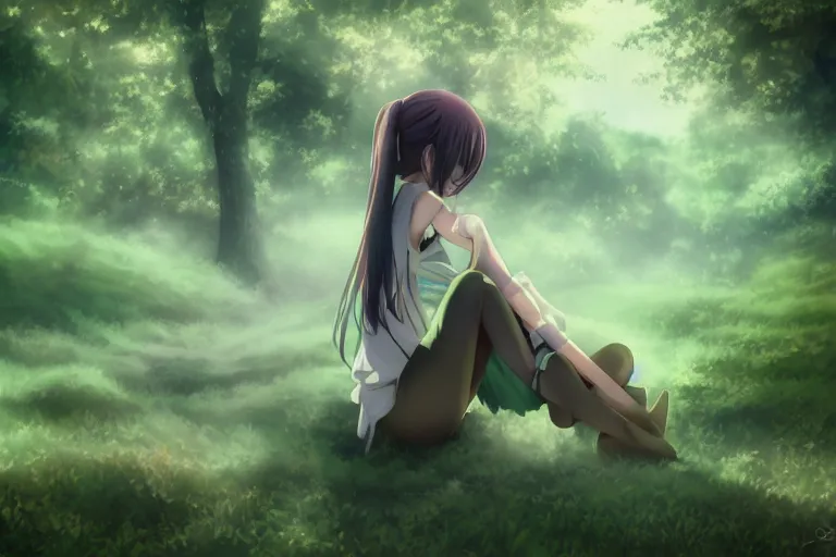 Prompt: a beautiful anime girl sitting in the forest, clouds, green lighting, misty, foggy, early morning, digital art,