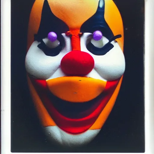 Image similar to polaroid of a screaming clown halloween mask