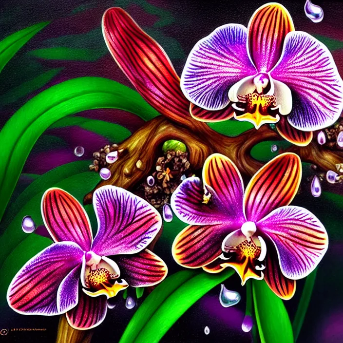 Image similar to extremely psychedelic macro orchid and cherry blossom and musroom, DoF, LSD, raindrops, specular highlights, diffuse lighting, fantasy, intricate, elegant, highly detailed, lifelike, photorealistic, digital painting, artstation, illustration, concept art, smooth, sharp focus, art by John Collier and Albert Aublet and Krenz Cushart and Artem Demura and Alphonse Mucha