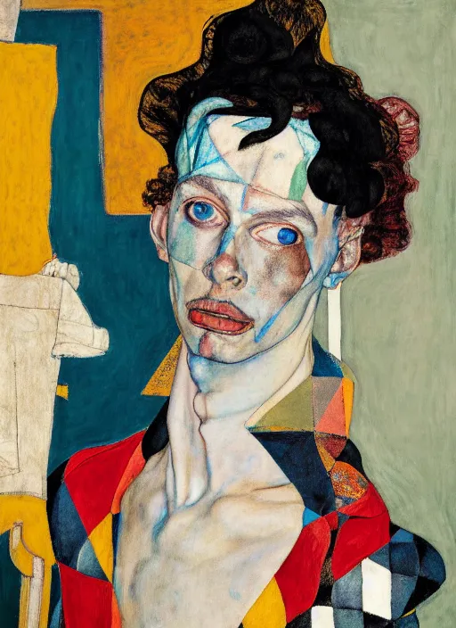 Image similar to portrait of an harlequin sitting on a stool, by vincent lefevre, egon schiele and hernan bas and pat steir and hilma af klint, psychological, photorealistic, symmetrical face, dripping paint, washy brush, rendered in octane, altermodern, masterpiece