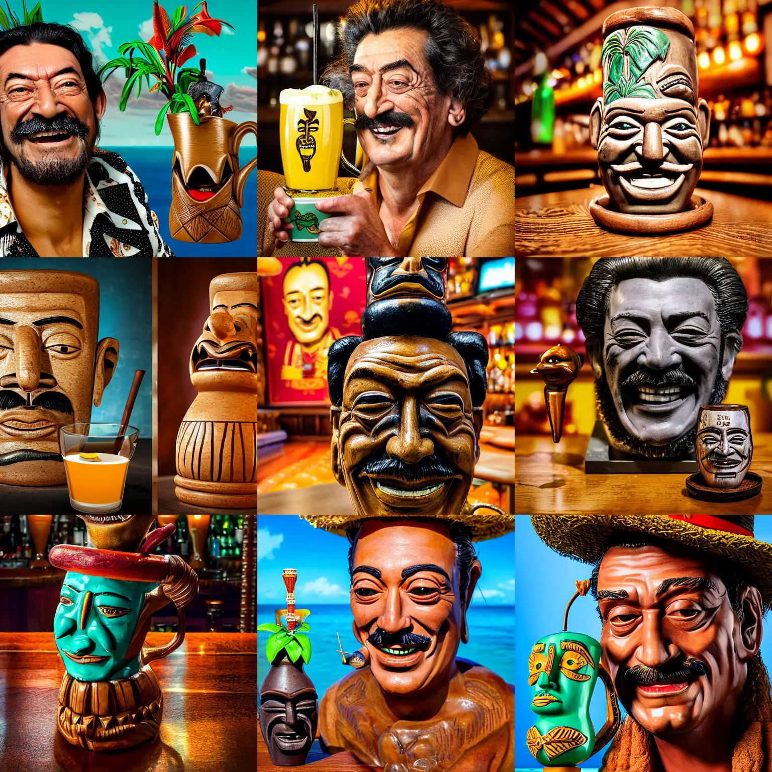 Prompt: a closeup photorealistic photograph of happy salvador dali at trader vic's bar sitting next to a trader vic's style tiki mug featuring the face of salvador dali. tiki culture. bright scene. 4 k hd image that's trending on artstation, featured on behance, well rendered, extra crisp, features epic composition and the style of unreal engine.