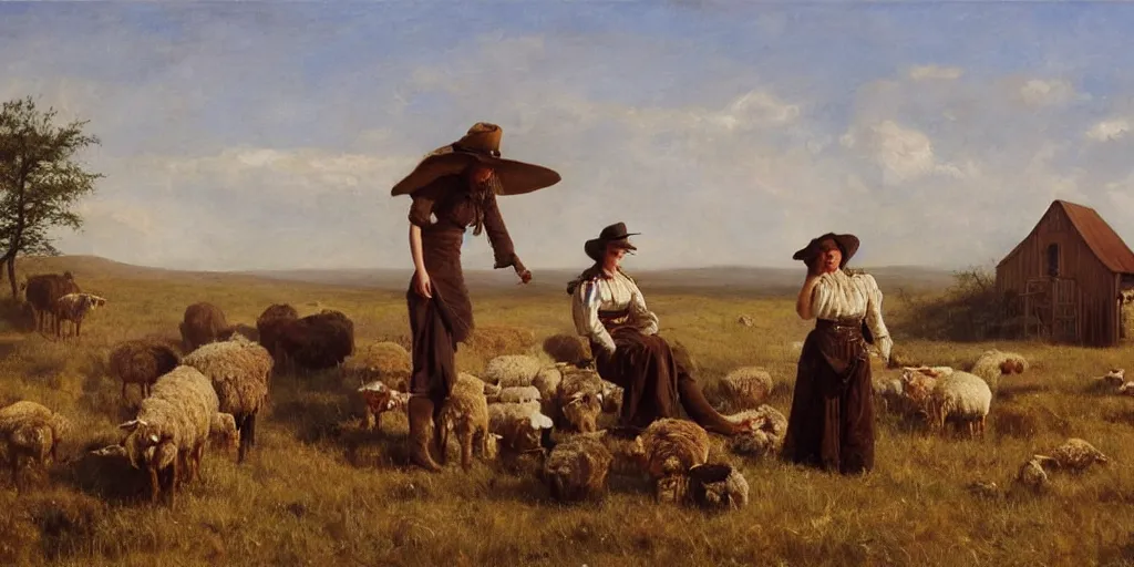 Prompt: oil painting of Mila Jovovich in-the-old-west inspecting a dead sheep at the cabin on the prairie, realistic, volumetric lighting, cinematic