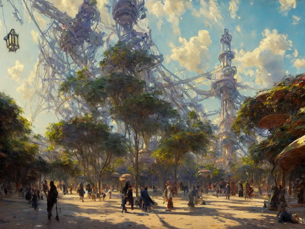 Image similar to impressionist brushstrokes!!!! solomon joseph solomon and richard schmid and jeremy lipking victorian loose genre loose painting of a busy elaborate ornate outdoor sci - fi park, cinematic, shadows, partly cloudy day, 4 k, detailed, by zaha hadid and beeple