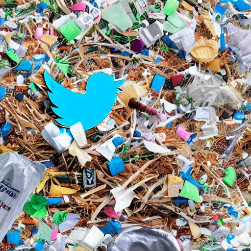 Prompt: a pile of trash in the form of the twitter logo, digital painting, hyperrealist,