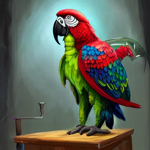 Image similar to Magic the gathering artwork of Anthropomorphized parrot trader in his shop, shelves full, selling a gem, portrait, items, magic potions, carpet, window, fancy funny hat, sly expression , cunning expression, cute expression, presenting magic gem, D&D, fantasy, cinematic lighting, highly detailed, digital painting, artstation, concept art, smooth, sharp focus, illustration, warm light, cozy warm tint, magic the gathering artwork, volumetric lighting, 8k, no gold, no gold colours, art by Akihiko Yoshida and Greg Rutkowski