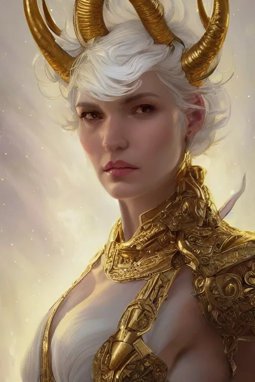 Prompt: fullbody!! beautiful woman with white hair, big natural horns on her head, gold jewellery, dnd, face, fantasy, intricate, elegant, highly detailed, digital painting, artstation, concept art, smooth, sharp focus, illustration, art by artgerm and greg rutkowski and alphonse mucha