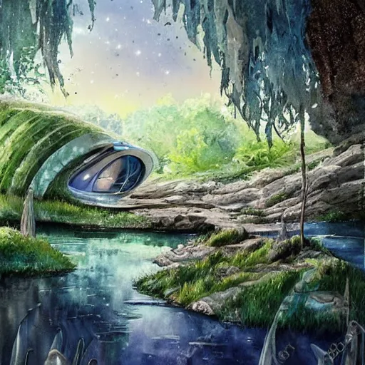 Image similar to beautiful happy picturesque charming sci - fi organic pod - like homes of the future in a beautiful natural scene. water, trees and rocks. beautiful light. soft colour scheme. beautiful artistic detailed watercolor by lurid. ( 2 0 2 2 )