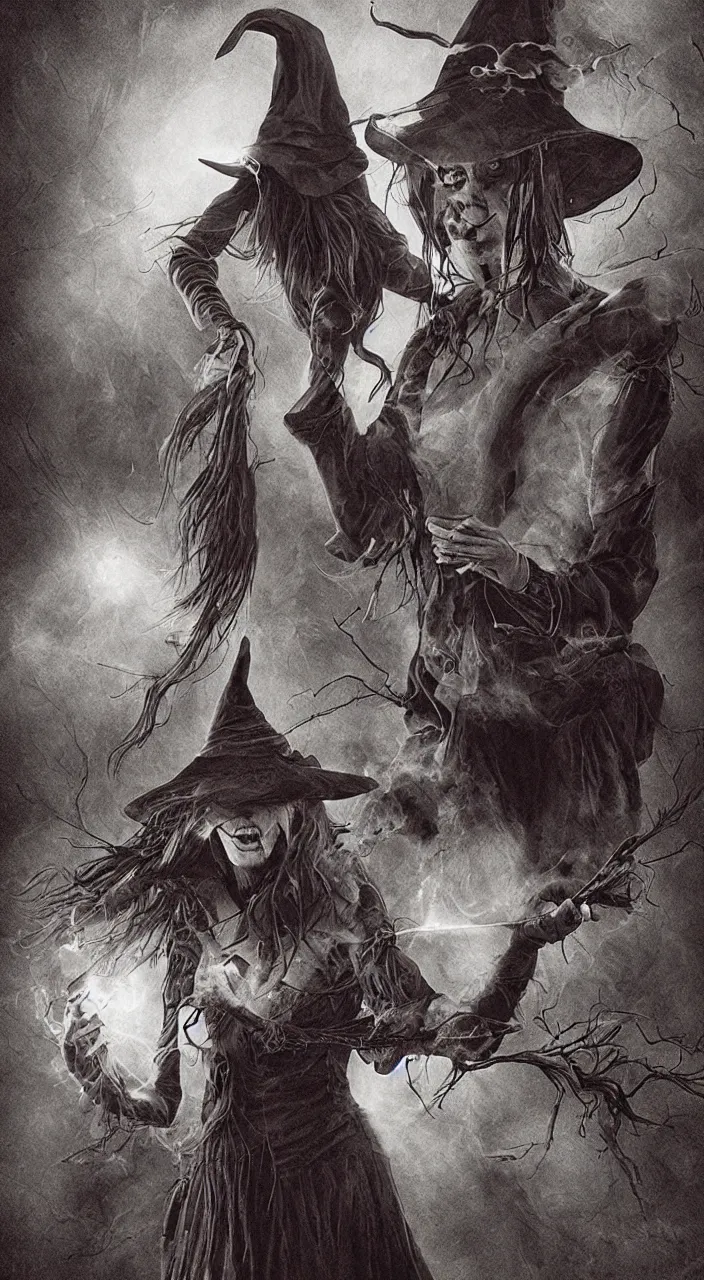 Image similar to realistic, ultra detailed, an angry witch casting a spell