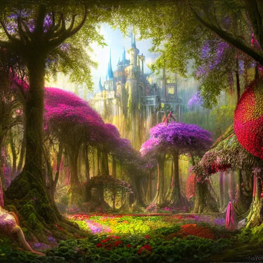 Image similar to a beautiful and highly detailed matte painting of a beautiful dream palace in a magical fantasy forest garden, colorful flowers, psychedelic, epic scale, insanely complex, hyperdetailed, sharp focus, hyperrealism, artstation, cgsociety, 8 k, bright colors, by caspar friedrich, albert bierstadt, james gurney, brian froud,