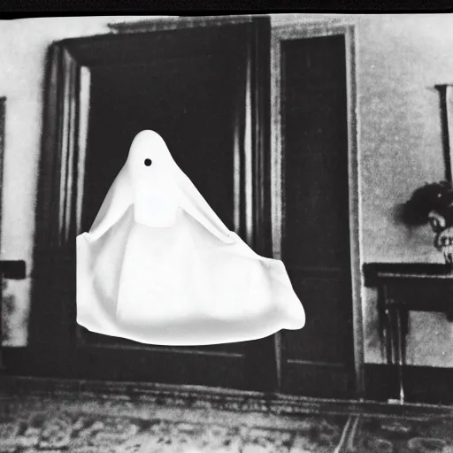 Image similar to photograph from 1900 of a ghost in a mansion. Black and white. Film.