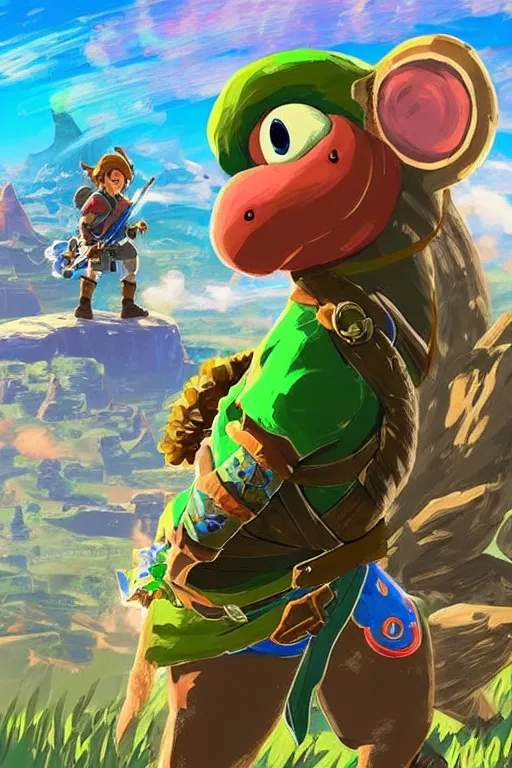 Image similar to an in game portrait of yoshi from the legend of zelda breath of the wild, breath of the wild art style.